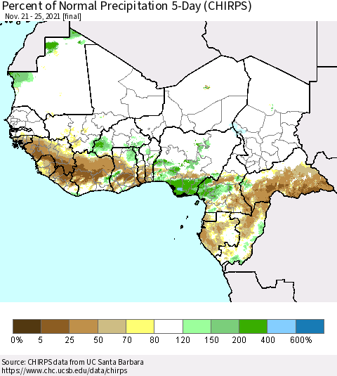 Western Africa Percent of Normal Precipitation 5-Day (CHIRPS) Thematic Map For 11/21/2021 - 11/25/2021