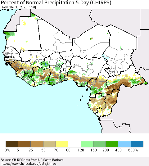 Western Africa Percent of Normal Precipitation 5-Day (CHIRPS) Thematic Map For 11/26/2021 - 11/30/2021
