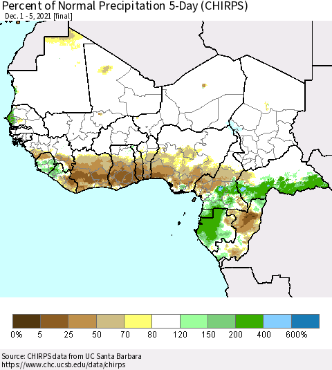 Western Africa Percent of Normal Precipitation 5-Day (CHIRPS) Thematic Map For 12/1/2021 - 12/5/2021