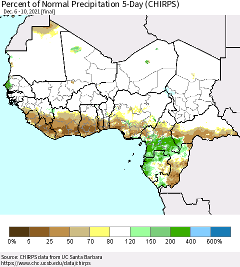 Western Africa Percent of Normal Precipitation 5-Day (CHIRPS) Thematic Map For 12/6/2021 - 12/10/2021