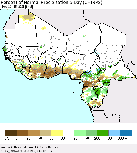 Western Africa Percent of Normal Precipitation 5-Day (CHIRPS) Thematic Map For 12/11/2021 - 12/15/2021