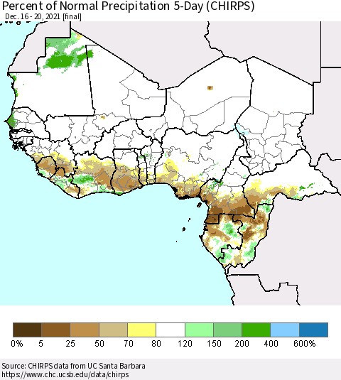 Western Africa Percent of Normal Precipitation 5-Day (CHIRPS) Thematic Map For 12/16/2021 - 12/20/2021