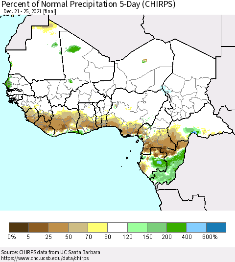 Western Africa Percent of Normal Precipitation 5-Day (CHIRPS) Thematic Map For 12/21/2021 - 12/25/2021
