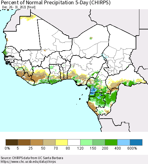 Western Africa Percent of Normal Precipitation 5-Day (CHIRPS) Thematic Map For 12/26/2021 - 12/31/2021