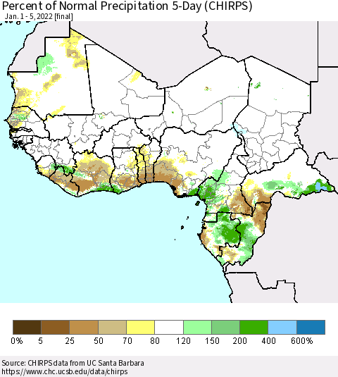 Western Africa Percent of Normal Precipitation 5-Day (CHIRPS) Thematic Map For 1/1/2022 - 1/5/2022