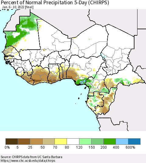Western Africa Percent of Normal Precipitation 5-Day (CHIRPS) Thematic Map For 1/6/2022 - 1/10/2022