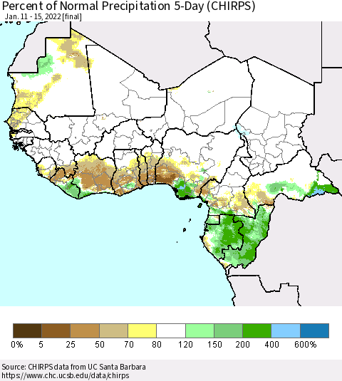 Western Africa Percent of Normal Precipitation 5-Day (CHIRPS) Thematic Map For 1/11/2022 - 1/15/2022