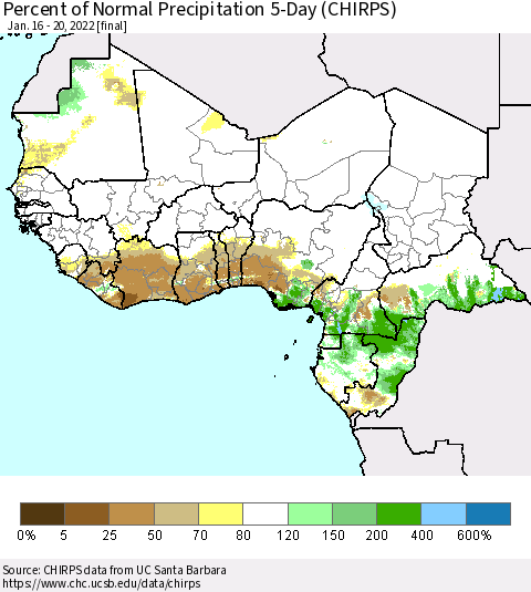 Western Africa Percent of Normal Precipitation 5-Day (CHIRPS) Thematic Map For 1/16/2022 - 1/20/2022