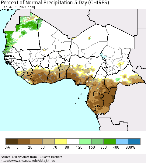 Western Africa Percent of Normal Precipitation 5-Day (CHIRPS) Thematic Map For 1/26/2022 - 1/31/2022