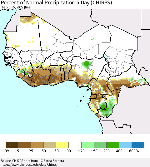 Western Africa Percent of Normal Precipitation 5-Day (CHIRPS) Thematic Map For 2/1/2022 - 2/5/2022