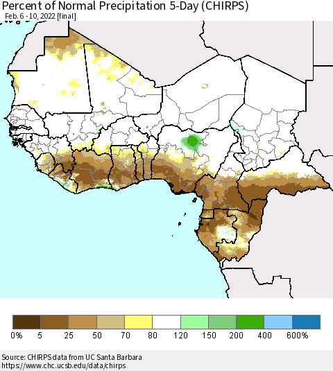 Western Africa Percent of Normal Precipitation 5-Day (CHIRPS) Thematic Map For 2/6/2022 - 2/10/2022
