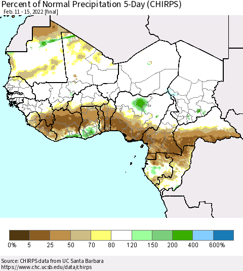 Western Africa Percent of Normal Precipitation 5-Day (CHIRPS) Thematic Map For 2/11/2022 - 2/15/2022