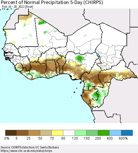 Western Africa Percent of Normal Precipitation 5-Day (CHIRPS) Thematic Map For 2/16/2022 - 2/20/2022