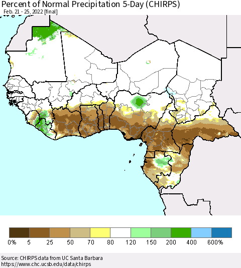 Western Africa Percent of Normal Precipitation 5-Day (CHIRPS) Thematic Map For 2/21/2022 - 2/25/2022