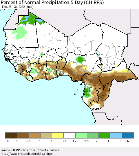 Western Africa Percent of Normal Precipitation 5-Day (CHIRPS) Thematic Map For 2/26/2022 - 2/28/2022