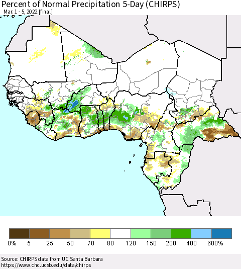 Western Africa Percent of Normal Precipitation 5-Day (CHIRPS) Thematic Map For 3/1/2022 - 3/5/2022