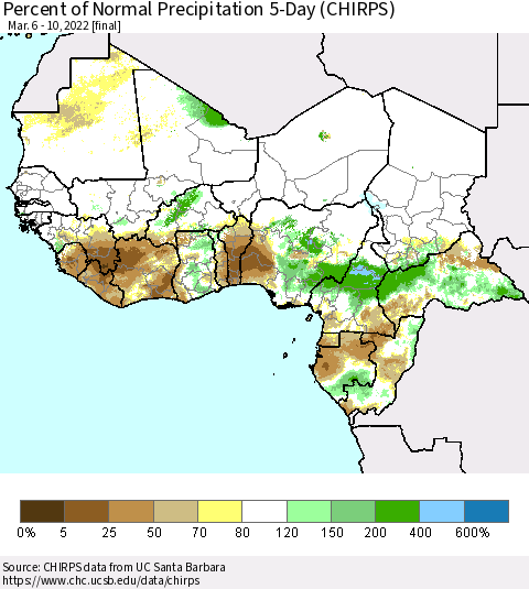 Western Africa Percent of Normal Precipitation 5-Day (CHIRPS) Thematic Map For 3/6/2022 - 3/10/2022