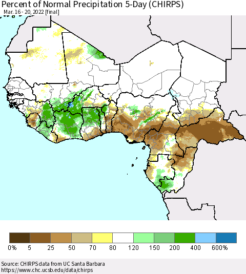 Western Africa Percent of Normal Precipitation 5-Day (CHIRPS) Thematic Map For 3/16/2022 - 3/20/2022