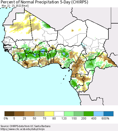 Western Africa Percent of Normal Precipitation 5-Day (CHIRPS) Thematic Map For 3/21/2022 - 3/25/2022