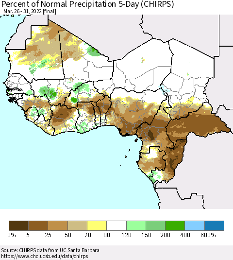 Western Africa Percent of Normal Precipitation 5-Day (CHIRPS) Thematic Map For 3/26/2022 - 3/31/2022