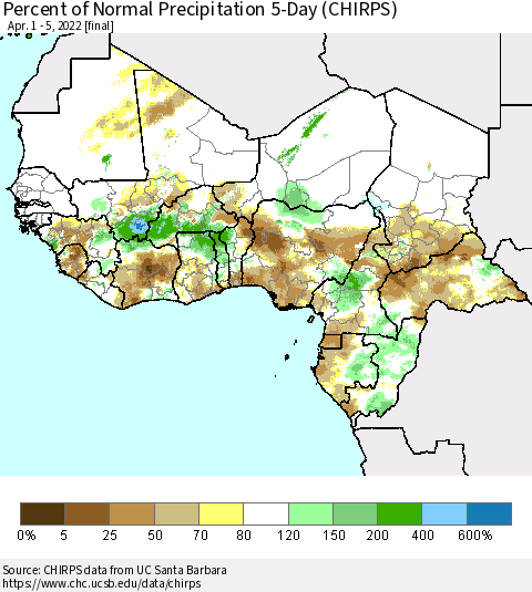 Western Africa Percent of Normal Precipitation 5-Day (CHIRPS) Thematic Map For 4/1/2022 - 4/5/2022