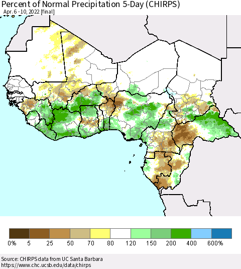 Western Africa Percent of Normal Precipitation 5-Day (CHIRPS) Thematic Map For 4/6/2022 - 4/10/2022