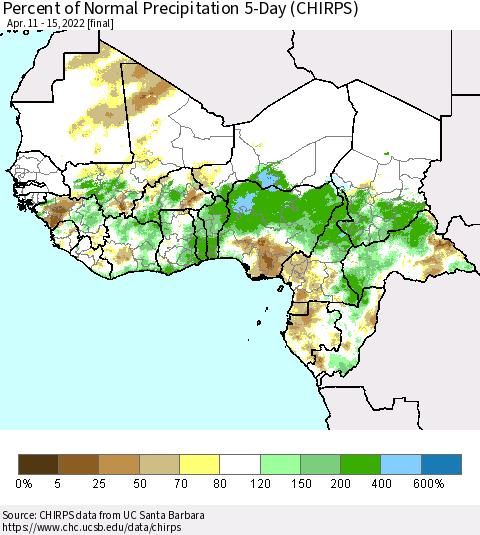 Western Africa Percent of Normal Precipitation 5-Day (CHIRPS) Thematic Map For 4/11/2022 - 4/15/2022