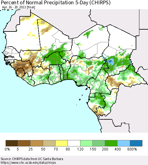 Western Africa Percent of Normal Precipitation 5-Day (CHIRPS) Thematic Map For 4/16/2022 - 4/20/2022