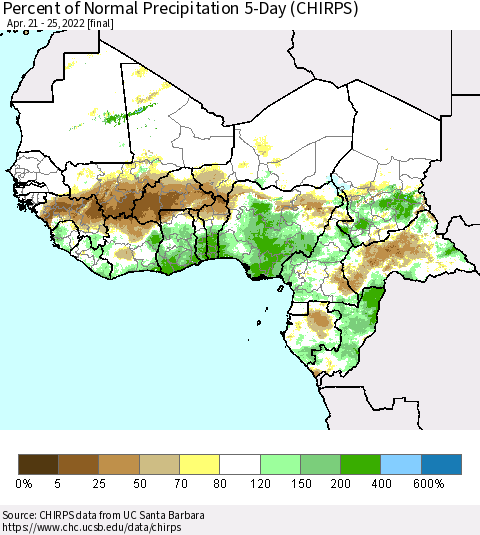 Western Africa Percent of Normal Precipitation 5-Day (CHIRPS) Thematic Map For 4/21/2022 - 4/25/2022