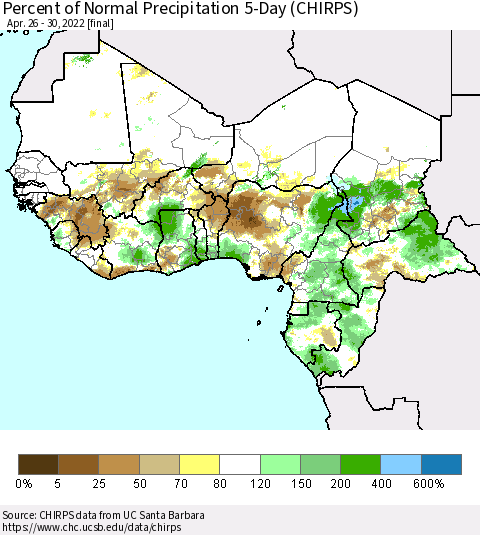 Western Africa Percent of Normal Precipitation 5-Day (CHIRPS) Thematic Map For 4/26/2022 - 4/30/2022