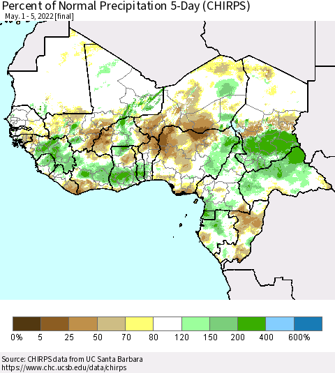 Western Africa Percent of Normal Precipitation 5-Day (CHIRPS) Thematic Map For 5/1/2022 - 5/5/2022