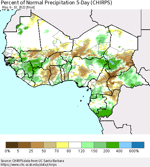 Western Africa Percent of Normal Precipitation 5-Day (CHIRPS) Thematic Map For 5/6/2022 - 5/10/2022