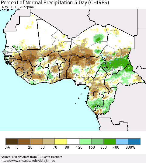 Western Africa Percent of Normal Precipitation 5-Day (CHIRPS) Thematic Map For 5/11/2022 - 5/15/2022