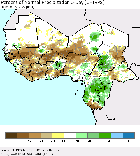 Western Africa Percent of Normal Precipitation 5-Day (CHIRPS) Thematic Map For 5/16/2022 - 5/20/2022