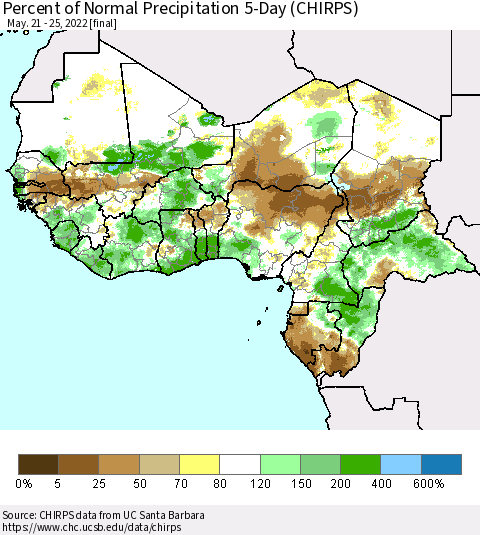 Western Africa Percent of Normal Precipitation 5-Day (CHIRPS) Thematic Map For 5/21/2022 - 5/25/2022
