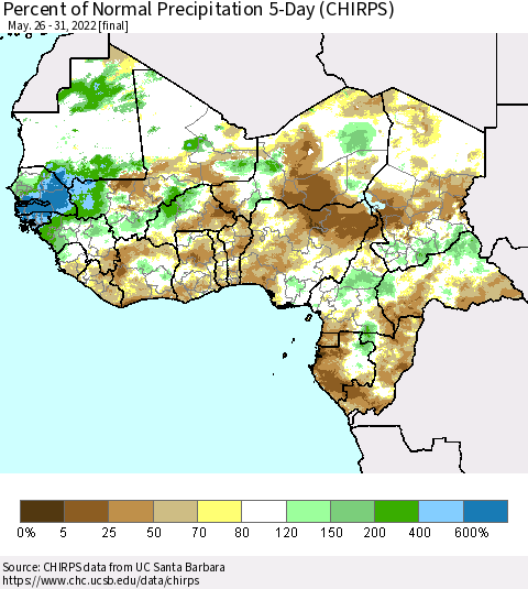 Western Africa Percent of Normal Precipitation 5-Day (CHIRPS) Thematic Map For 5/26/2022 - 5/31/2022