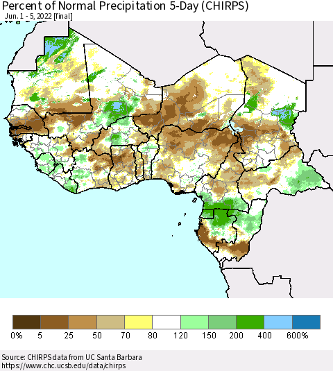 Western Africa Percent of Normal Precipitation 5-Day (CHIRPS) Thematic Map For 6/1/2022 - 6/5/2022