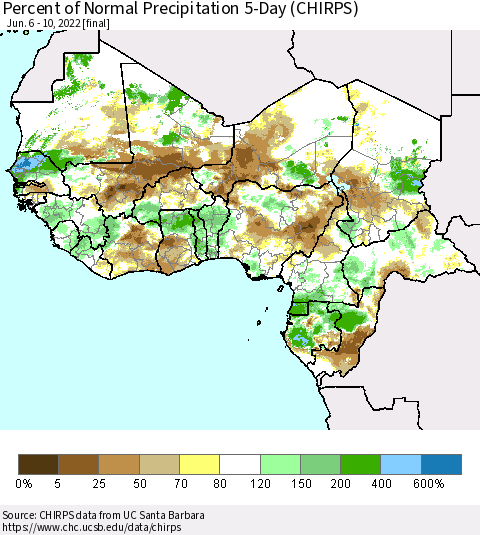 Western Africa Percent of Normal Precipitation 5-Day (CHIRPS) Thematic Map For 6/6/2022 - 6/10/2022