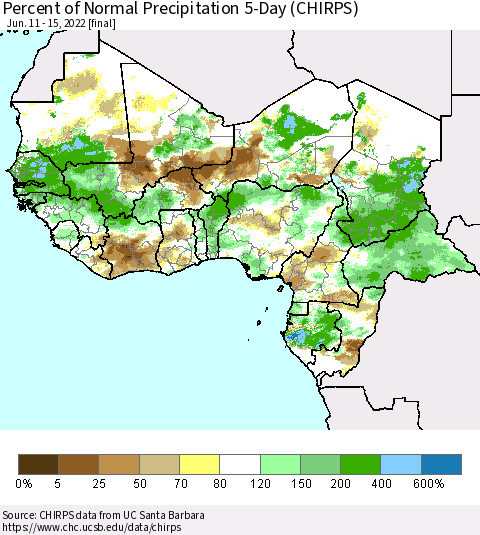 Western Africa Percent of Normal Precipitation 5-Day (CHIRPS) Thematic Map For 6/11/2022 - 6/15/2022