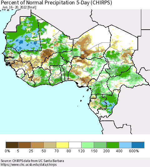 Western Africa Percent of Normal Precipitation 5-Day (CHIRPS) Thematic Map For 6/16/2022 - 6/20/2022