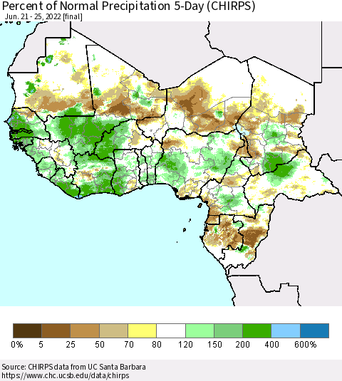 Western Africa Percent of Normal Precipitation 5-Day (CHIRPS) Thematic Map For 6/21/2022 - 6/25/2022