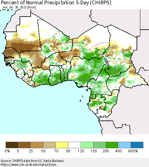 Western Africa Percent of Normal Precipitation 5-Day (CHIRPS) Thematic Map For 6/26/2022 - 6/30/2022