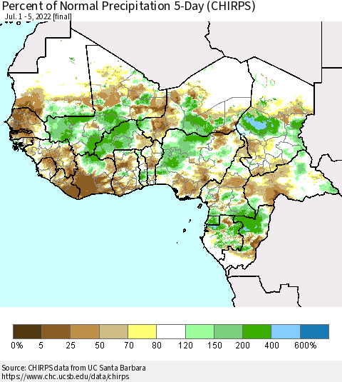Western Africa Percent of Normal Precipitation 5-Day (CHIRPS) Thematic Map For 7/1/2022 - 7/5/2022