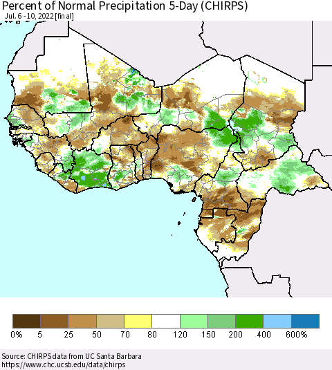 Western Africa Percent of Normal Precipitation 5-Day (CHIRPS) Thematic Map For 7/6/2022 - 7/10/2022