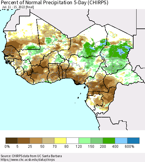 Western Africa Percent of Normal Precipitation 5-Day (CHIRPS) Thematic Map For 7/11/2022 - 7/15/2022