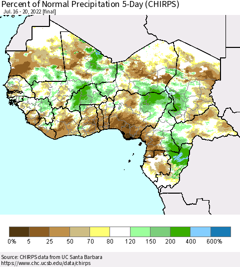 Western Africa Percent of Normal Precipitation 5-Day (CHIRPS) Thematic Map For 7/16/2022 - 7/20/2022