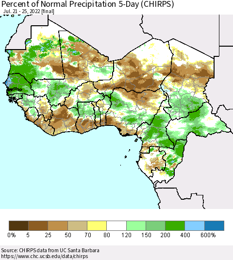 Western Africa Percent of Normal Precipitation 5-Day (CHIRPS) Thematic Map For 7/21/2022 - 7/25/2022