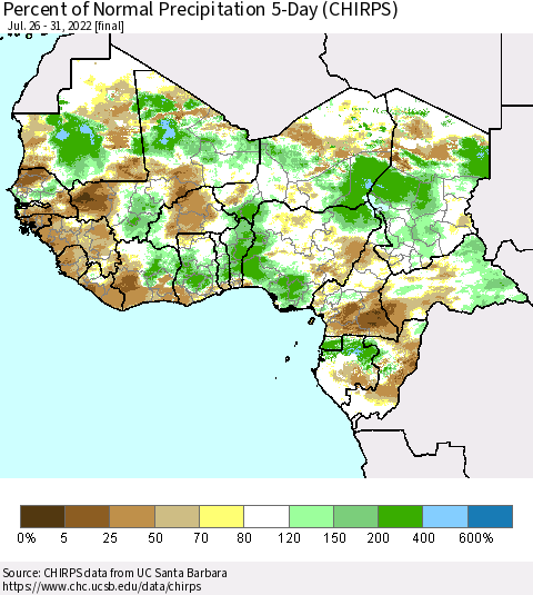 Western Africa Percent of Normal Precipitation 5-Day (CHIRPS) Thematic Map For 7/26/2022 - 7/31/2022