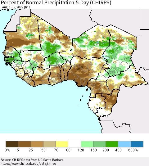 Western Africa Percent of Normal Precipitation 5-Day (CHIRPS) Thematic Map For 8/1/2022 - 8/5/2022