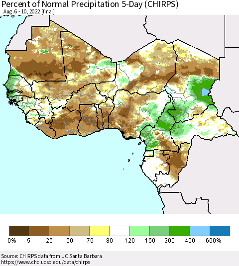 Western Africa Percent of Normal Precipitation 5-Day (CHIRPS) Thematic Map For 8/6/2022 - 8/10/2022